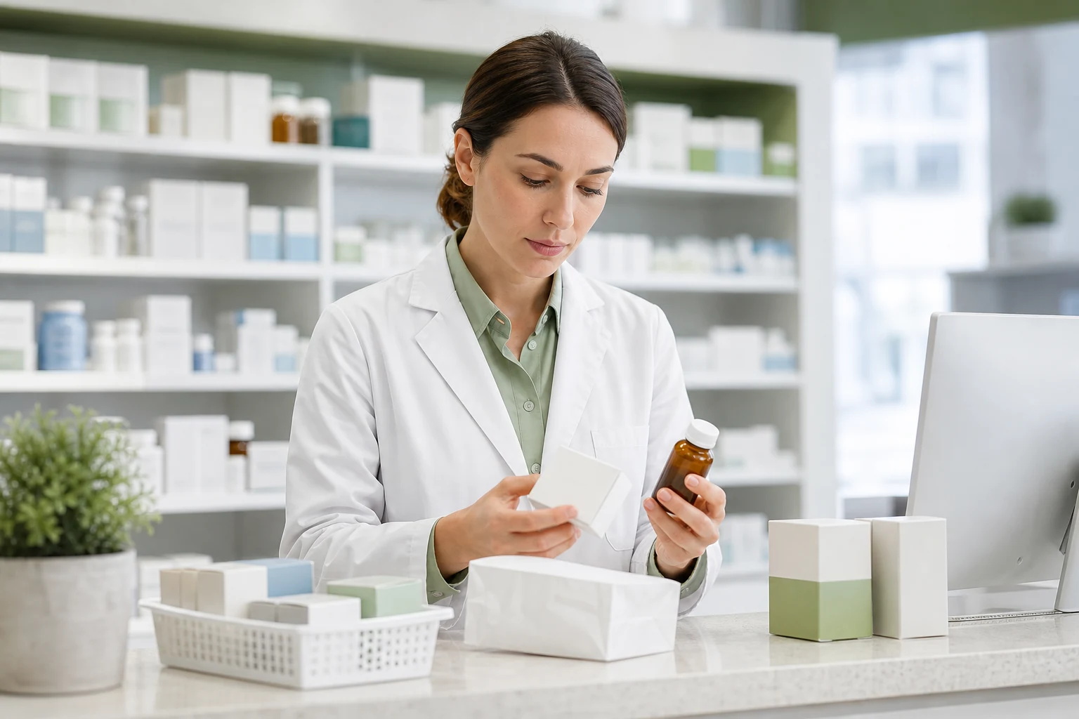 A pharmacist carefully preparing a pharmacy order