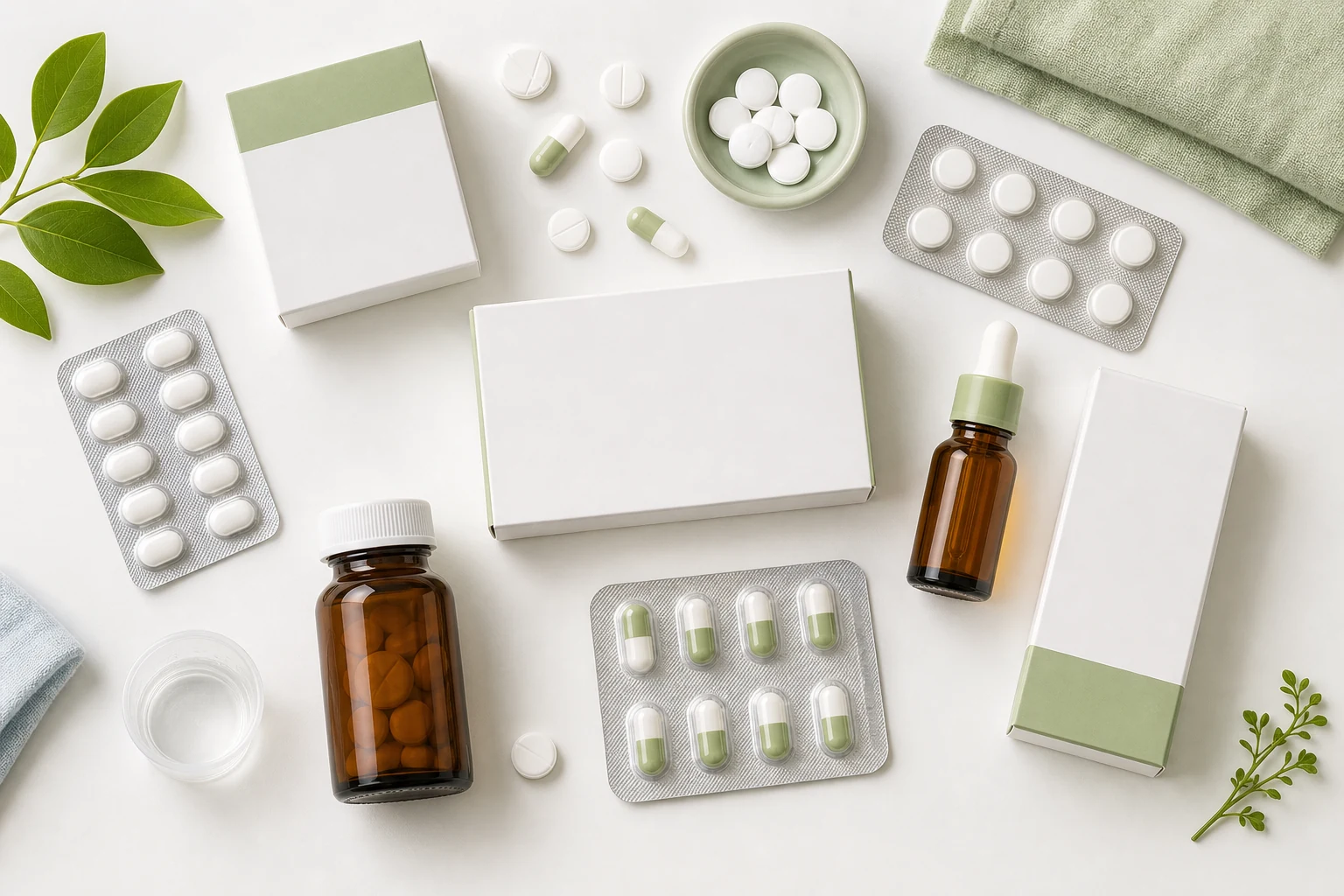 Pharmacy products including tablets, capsules, blister packs, and medicine bottles