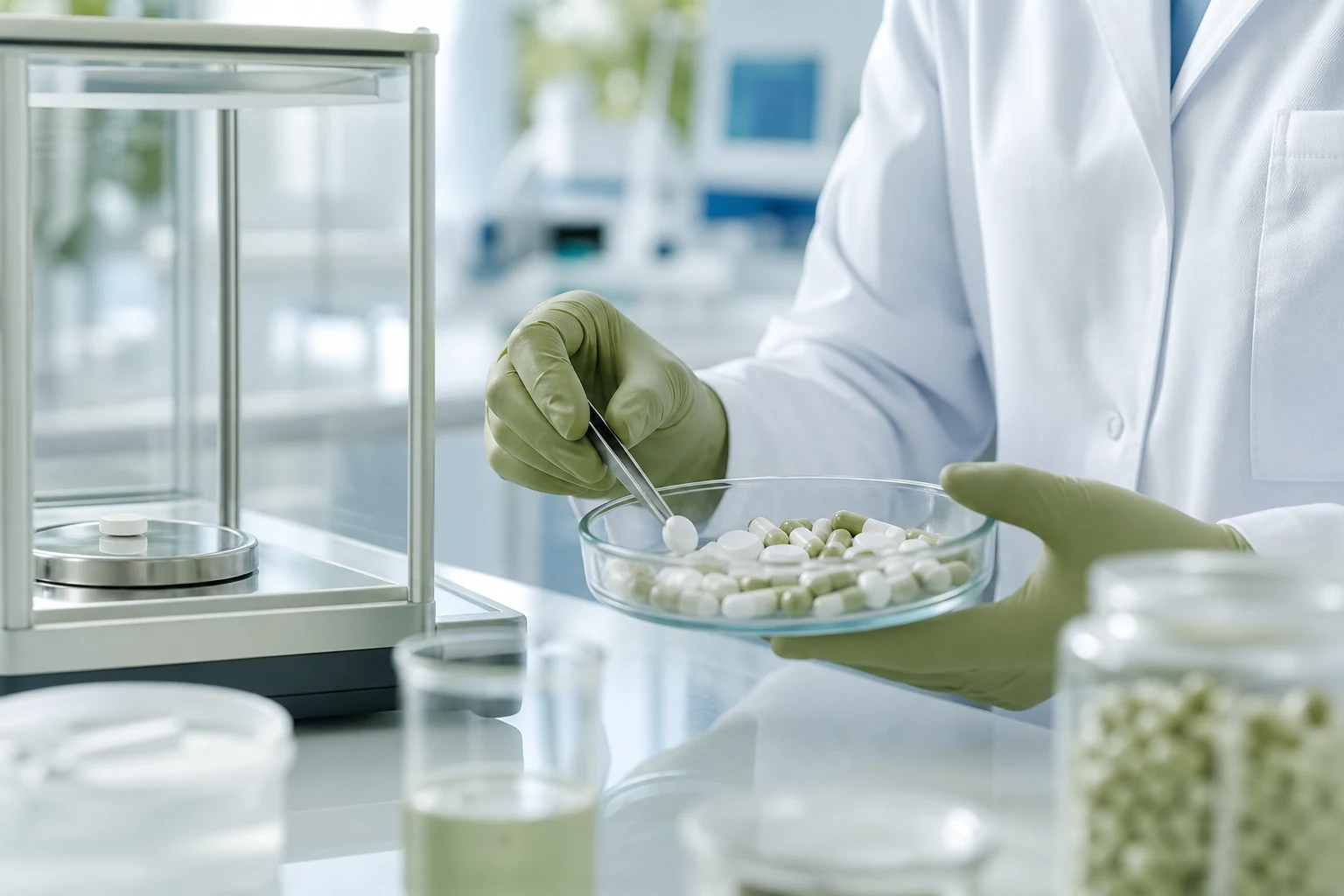 Pharmaceutical tablets and capsules being inspected in a quality laboratory