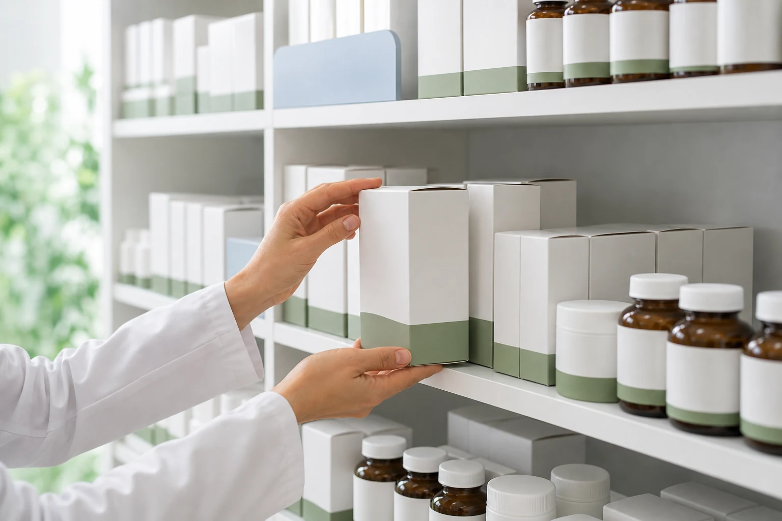 A bright, organized pharmacy with stocked medicine shelves